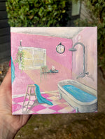 Sunlit soak bathroom painting by Holly Ann acrylic pink bathroom and tub painting 