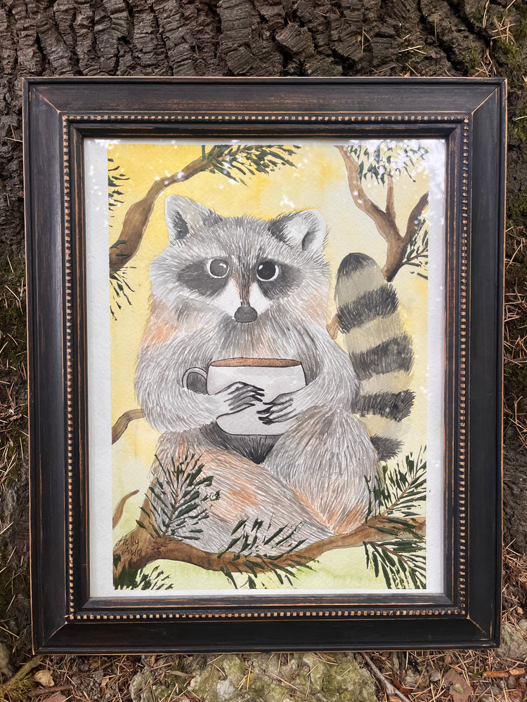 Coffee thief original painting of a raccoon holding a cup of coffee