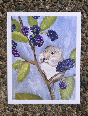 snack time painting of a mouse eating wild berries 