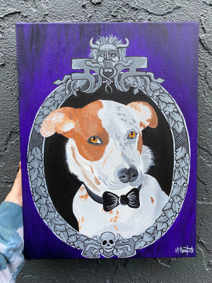 Haunted mansion themed pet portrait in a spooky painting style